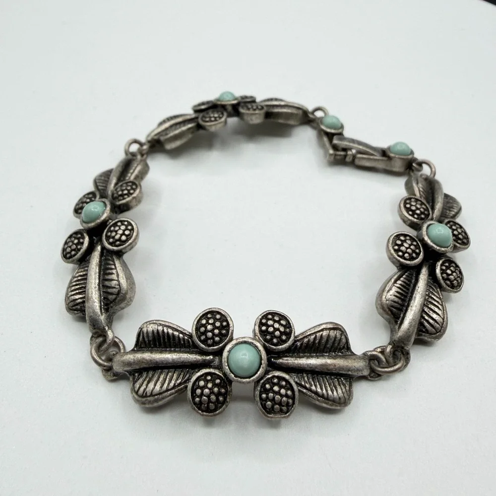 Silver Tone Floral Link Bracelet Aqua Cabochon Boho Cottagecore Statement Gift